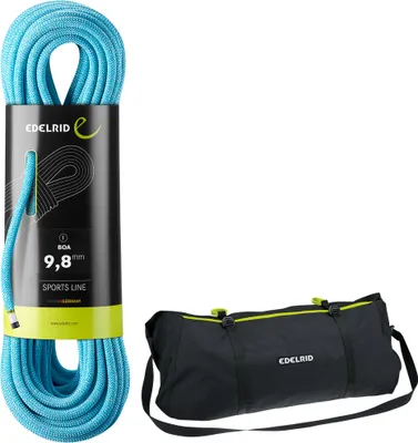 Edelrid Boa 9.8 mm Einfachseil in Blau mit schwarzer Tragetasche.