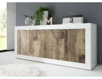 Produktbild von BASICO Sideboard mit 4 Türen, glänzend weiß lackiert & Chêne Pero, 207 x 86 x 43 cm