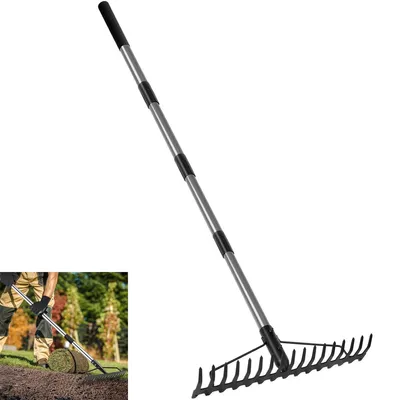 Produktbild von Laubrechen, Garten Rechen, 165cm Metall Rechen , Harke mit 17 Stahlzinken, mit Edelstahlgriff, zum Lockern von Boden und Nivellieren von Rasen