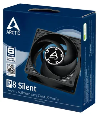 Produktbild von ARCTIC P8 Silent - Besonders leiser 80 mm Lüfter optimiert für statischen Druck, Ventilator, 8 cm, 1600 RPM, 0,08 Sone, 26,5 m³/h, Schwarz