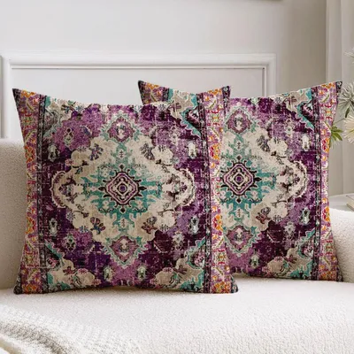 Produktbild von 2er Set Kissenbezüge 45x45 cm Lila Boho Vintage Abstrakte Kunst Sofakissen Modern