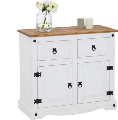 Kommode CAMPO Sideboard Buffetschrank Geschirrschrank Kiefer massiv mit 2 Schubladen und 2 Türen, braun/weiß
