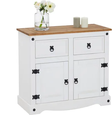 Produktbild von Kommode CAMPO Sideboard Buffetschrank Geschirrschrank Kiefer massiv mit 2 Schubladen und 2 Türen, braun/weiß