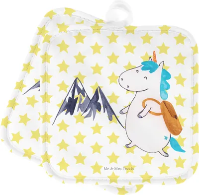 Produktbild von Mr. & Mrs. Panda Topfuntersetzer Einhorn Bergsteiger - Weiß - Geschenk, topfhalter, Topflappen, Kochlappen, Abenteuer, Unicorn, Set, Ofenlappen, Urlaub, Berge, Einhörner