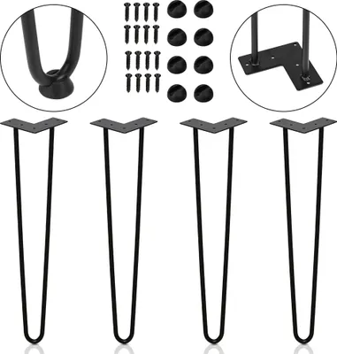 Image de Clanmacy 4x 35cm Hairpin Legs Pieds de table Pieds en épingle à cheveux 2 étriers Piètement de table DIY Patins de table Table de salle à manger Noir