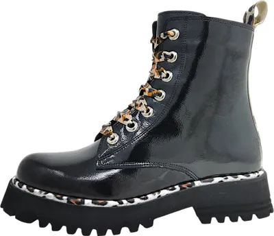 A black patent leather lace-up boot with leopard print accents.
