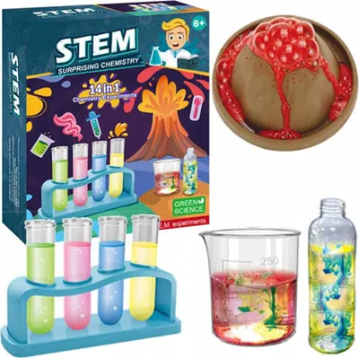 A collage of images showing a science experiment kit, including a box with illustrations, test tubes, a beaker, and a model volcano erupting.