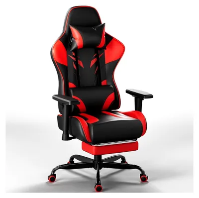 Produktbild von Gaming Stuhl mit verstellbaren Armlehnen und Fußstütze, ergonomischer Bürostuhl, Belastbarkeit 150 kg, rot