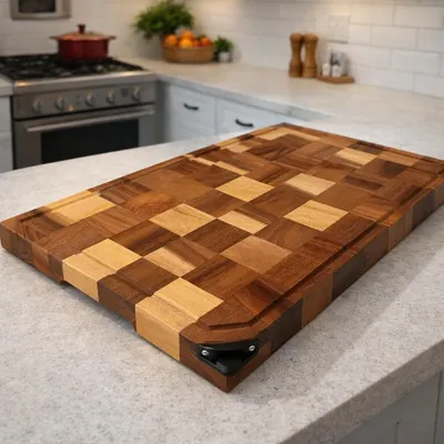 Image de Planche à découper en bois d'acacia massif avec aiguiseur intégré (45 x 30 x 3 cm) – Aspect unique grâce au grain du bois de bout – Rainure continue pour recueillir le jus