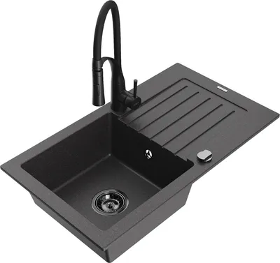 Produktbild von Mexen Pablo 1 Becken-Granitspüle mit Abtropffläche und Mischbatterie Aster, Schwarz gesprenkelt - 6510-76-73450-70-B