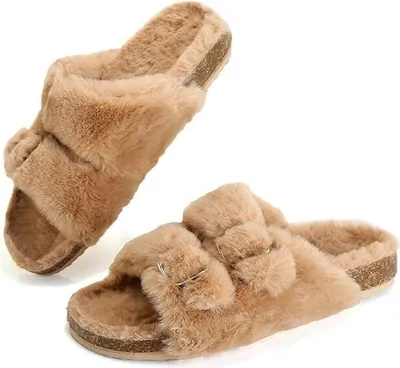 Produktbild von Plüsch Einstellbar Flache Hausschuhe Damen, Winter Warme Pelzige Offene Zehenpartie Pantoffeln, Flauschige Kunstfell Schlappen