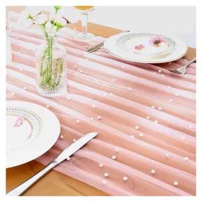 Produktbild von Tischläufer Rosa 75x300cm mit Perlen und Tüll für Hochzeiten und Feiern