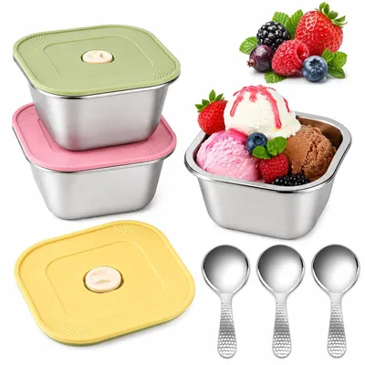 3er-Set Edelstahl-Eisbehälter 400 ml mit Deckeln