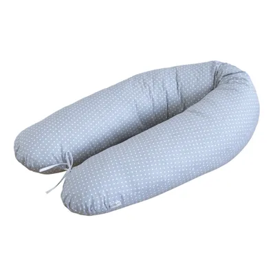 A gray polka dot nursing pillow on a white background.