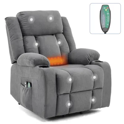 A gray massage recliner chair with heating and massage functions, shown from a front-side angle against a white background. A remote control is shown in a small inset image in the upper right corner.