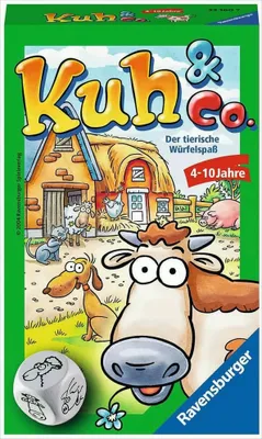 The image shows the packaging of a board game called "Kuh & Co." with cartoon farm animals and a barn. A die is also visible.