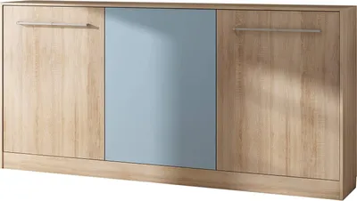 A closed cabinet with three doors, the middle door is blue and the two side doors are wood-toned.