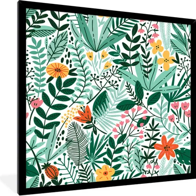 Produktbild von MuchoWow® Gerahmtes Poster Sommer - Flora - Muster 40x40 cm - Poster mit Schwarzem Bilderrahmen Wandposter Rahmen Foto Bilder - Mit Rahmen - Wanddekoration Schlafzimmer