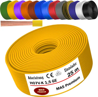 Immagine prodotto di Cavo di alimentazione H07 V-K GE, giallo, con un conduttore da 1x1,5 mm², flessibile. Lunghezza: 25 metri