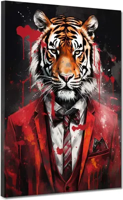 Produktbild von Tiger frontal im roten Anzug Wandbild Kunstdruck XL Wanddeko Leinwandbild: 75x100x4cm