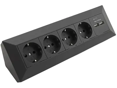 Produktbild von 4-fach Steckdosenblock + 2x USB, schwarz, Aufbaumontage