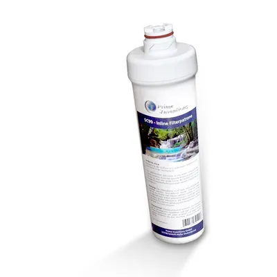 A white inline water filter cartridge with a label showing a waterfall scene.