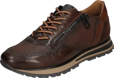 A single brown Bugatti men's shoe is shown against a white background.