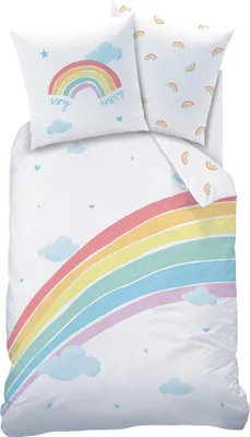 A flat lay of a children's duvet cover and pillowcases with a rainbow and cloud design.