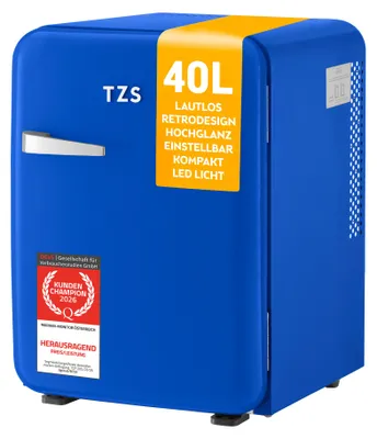Produktbild von TZS First Austria - Retro Mini Kühlschrank 40L lautlos - Minibar im Vintage-Design mit Innenbeleuchtung & 2 Türfächern - Dunkelblau