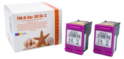 A box of HP 301XL color ink cartridges and two individual cartridges.