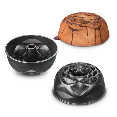 A bundt cake pan and a bundt cake are displayed against a white background.