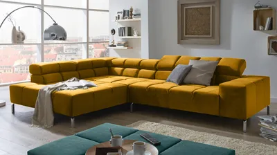 Produktbild von KAWOLA Sofa NELSON Ecksofa Velvet curry Recamiere links mit motorischem Sitzvorzug