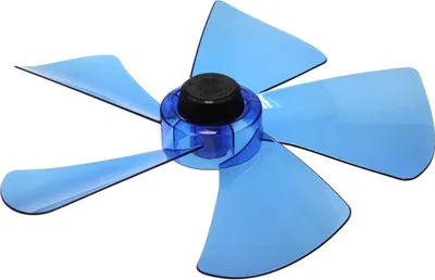 A blue fan blade assembly with a black hub, isolated on a white background.