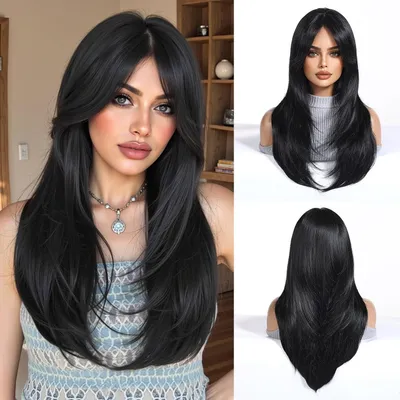 Immagine prodotto di Parrucca lunga, liscia, nera, da donna, in fibra sintetica, con taglio scalato e frangia, ideale per cosplay