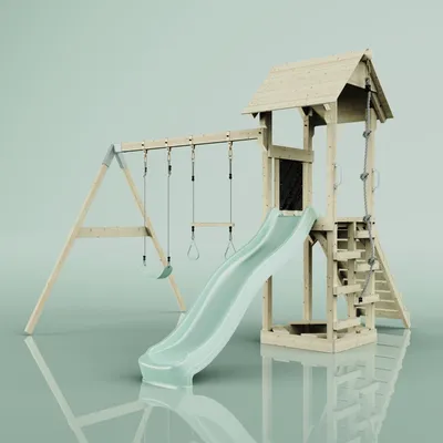 Produktbild von OutdoorToys Spielturm mit Wellenrutsche und Kinder-Schaukel, Outdoor Klettergerüst Garten, Ausführung: Trapezstange, Farbe: Mintgrün, mit Trapezstange