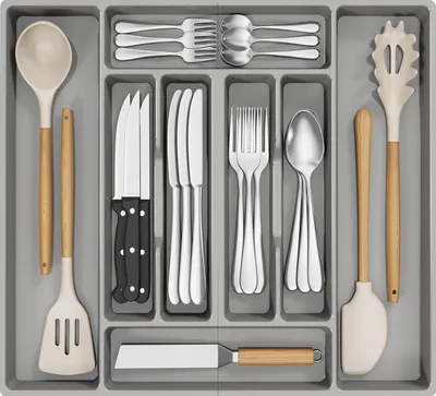 Produktbild von Großer Küchenschubladen Organizer mit Besteckfächern Grau