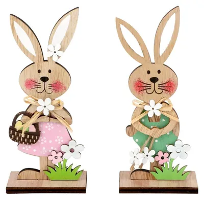 Productafbeelding van Houten paashaas decoraties - Set van 2 om neer te zetten - Decoratie voor huis en tuin