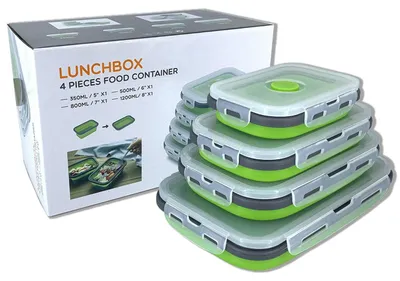 Productafbeelding van Opvouwbare siliconen opbergdoos met deksel, draagbaar, ruimtebesparende bento-box, geschikt voor de magnetron, set van 4, groen