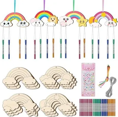 Produktbild von 12 Stück Windspiel Bastelset Kinder, Regenbogen Holz Klangspiel Basteln Bastelhandwerk zum Bemalen für Mädchen Junge Kindergeburtstag