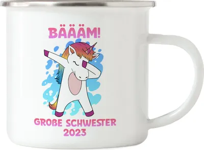 Produktbild von Bäääm Große Schwester 2023 Emaille Tasse Einhorn Schwangerschaft Ankündigung Babyparty Babyshower Geschwister
