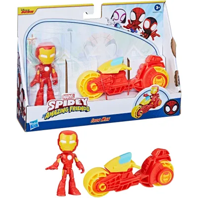 The image shows the packaging of a Marvel Spidey and His Amazing Friends Iron Man action figure and motorcycle toy set. The packaging displays the product inside, along with branding and character illustrations.
