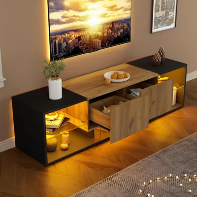 Image de OKWISH Meuble TV avec Tiroirs et Étagères en Verre, Éclairage LED et Rangements Fonctionnels en Panneaux de Particules, 160 x 40 x 42 cm - Noir/Naturel