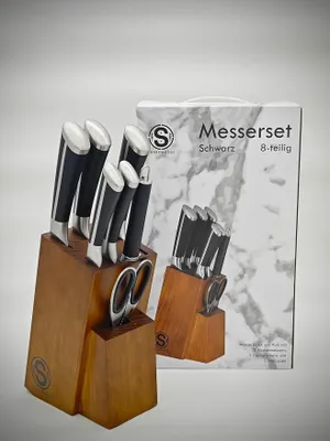 Imagen del producto de Juego de cuchillos de alta calidad, 8 piezas, bloque de madera de pino, hojas de acero inoxidable con tijeras de cocina y afilador, mangos ergonómicos (s)
