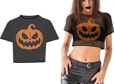 Produktbild von Schwarzes Netzshirt mit Halloween-Kürbis für Damen