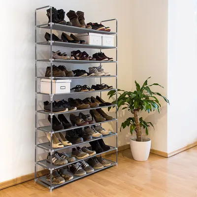 Productafbeelding van Relaxdays schoenenrek, stof, HBT: 175,5 x 100 x 29 cm, geschikt voor 50 paar schoenen, 10 etages, eenvoudig te monteren, XXL schoenenrek, grijs