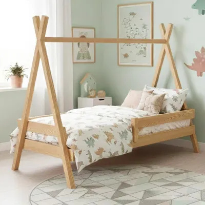 Produktbild von MEBLE WRÓBEL Kinderbett Tipi 90x190 cm | Bett aus Kiefernholz – Unlackiert | Hausbett für Mädchen und Jungen | Abgerundete Kanten | Montessori | mit Rausfallschutz