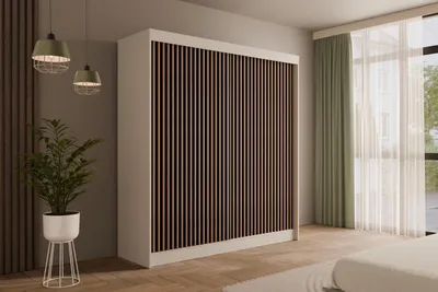 Produktbild von ALTDECOR Kleiderschrank mit Lamel-Schiebetüren, kugelgelagerte Führungsschienen und Aluminium-Leisten - VILANv2 - 200 cm Weiß + Lamelle Eiche Wotan