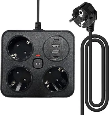 Produktbild von Dreifach-Steckdose mit 2 USB-Anschlüssen, Schalter und 2 m Lüsterkabel