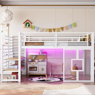 A child's bedroom with a white loft bed, a play kitchen, and various toys.
