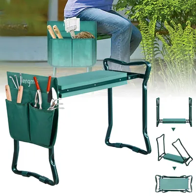 Produktbild von LZQ Kniebank Gartenarbeit Gartenhocker klappbar Gartenbank Garten Arbeitshocker Sitzbank Gartensitz bis 150 kg mit Werkzeugtasche, Dunkelgrün
